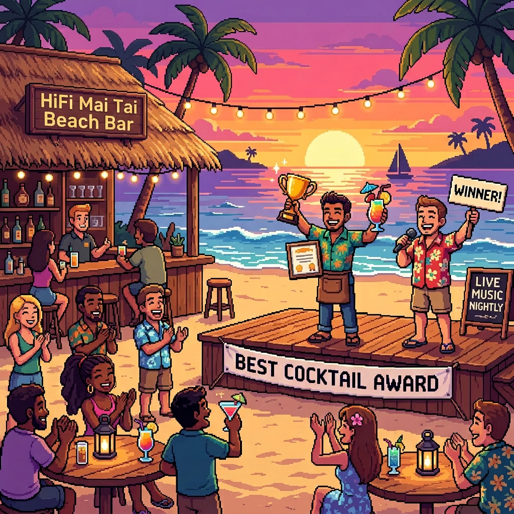 People at a beach bar celebrating a cocktail contest winner holding a trophy and drink