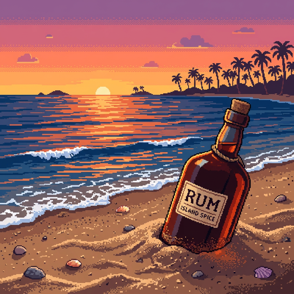 Pixel art beach scene showing a rum bottle in sand with ocean waves and a sunset
